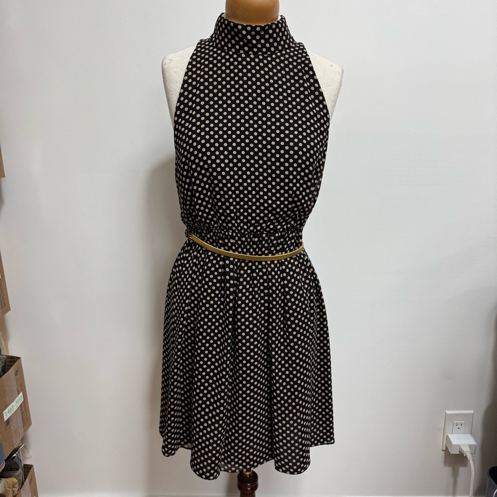 Alice + Olivia Mikeala High Neck Blouson Belt Mini Dress Silk Medium Polka Dots - Picture 2 of 16